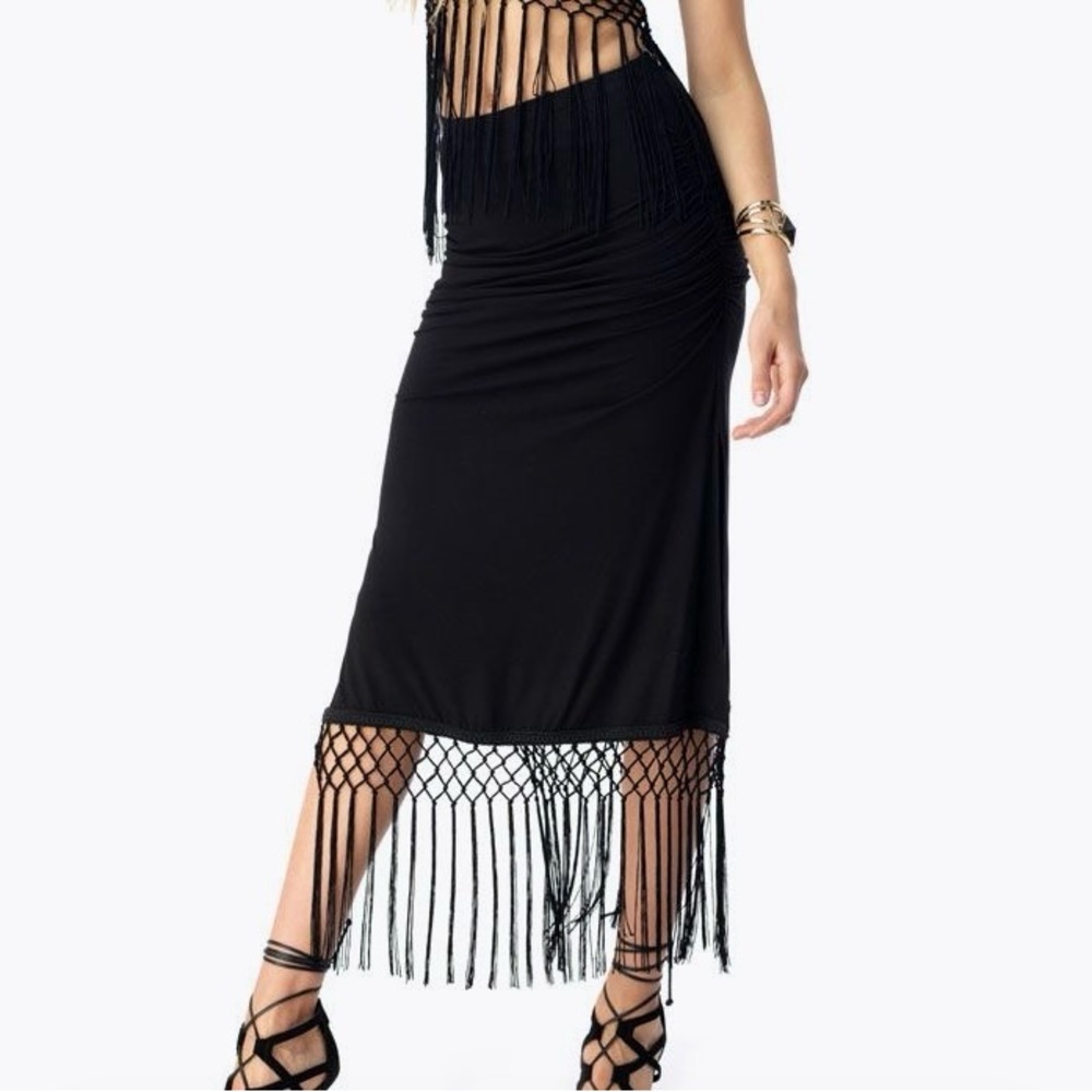 Sky Black High Low Fringe Skirt